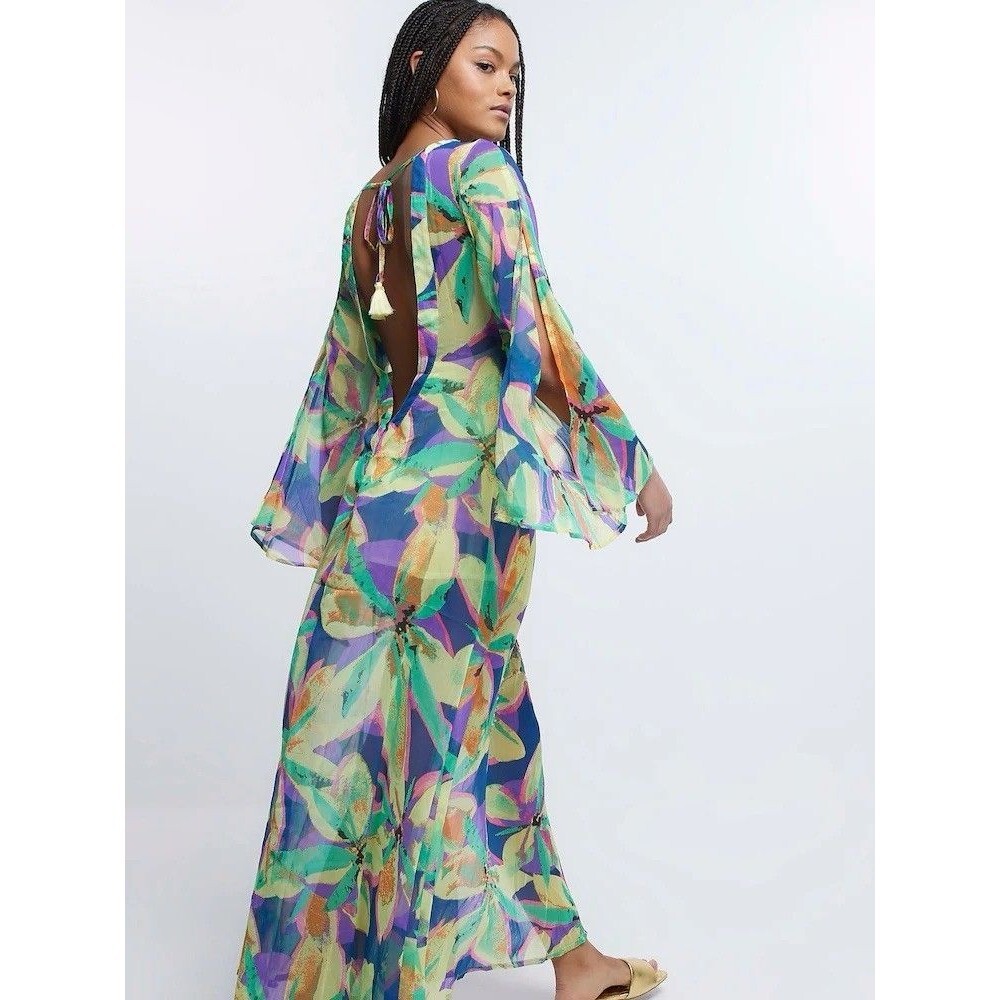 River Island open back beach maxi dress - Beaded Tropical Print Size M Green - Picture 2 of 12